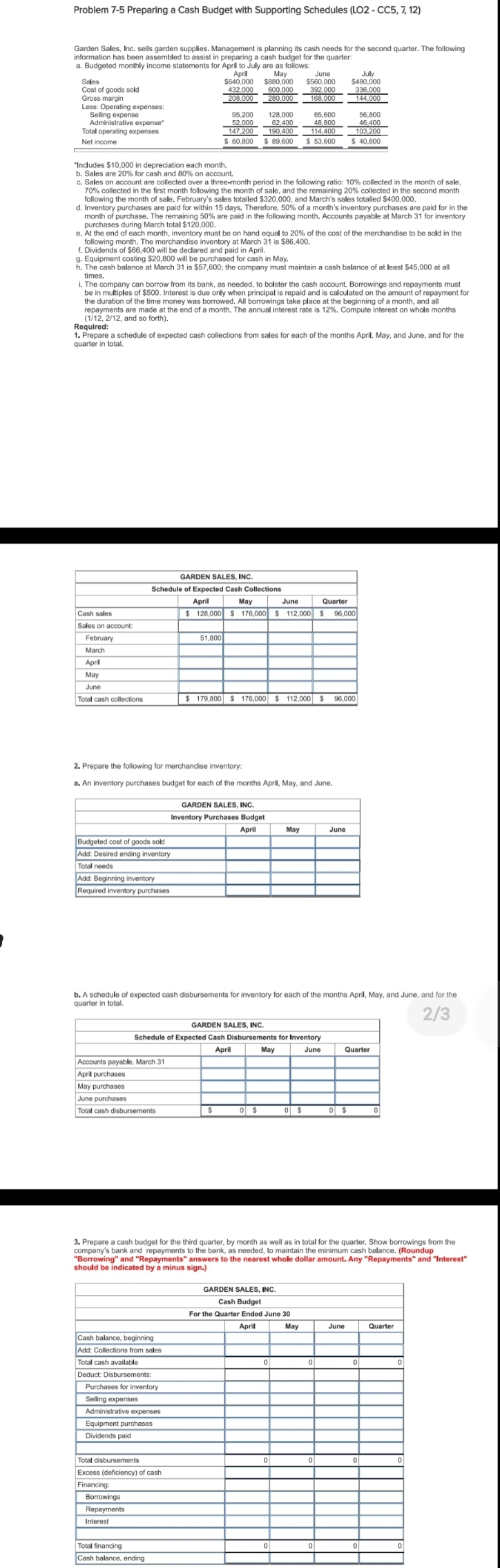 Answer ne as soon as possible. Thankyou! Problem 7-5 Preparing a Cash
