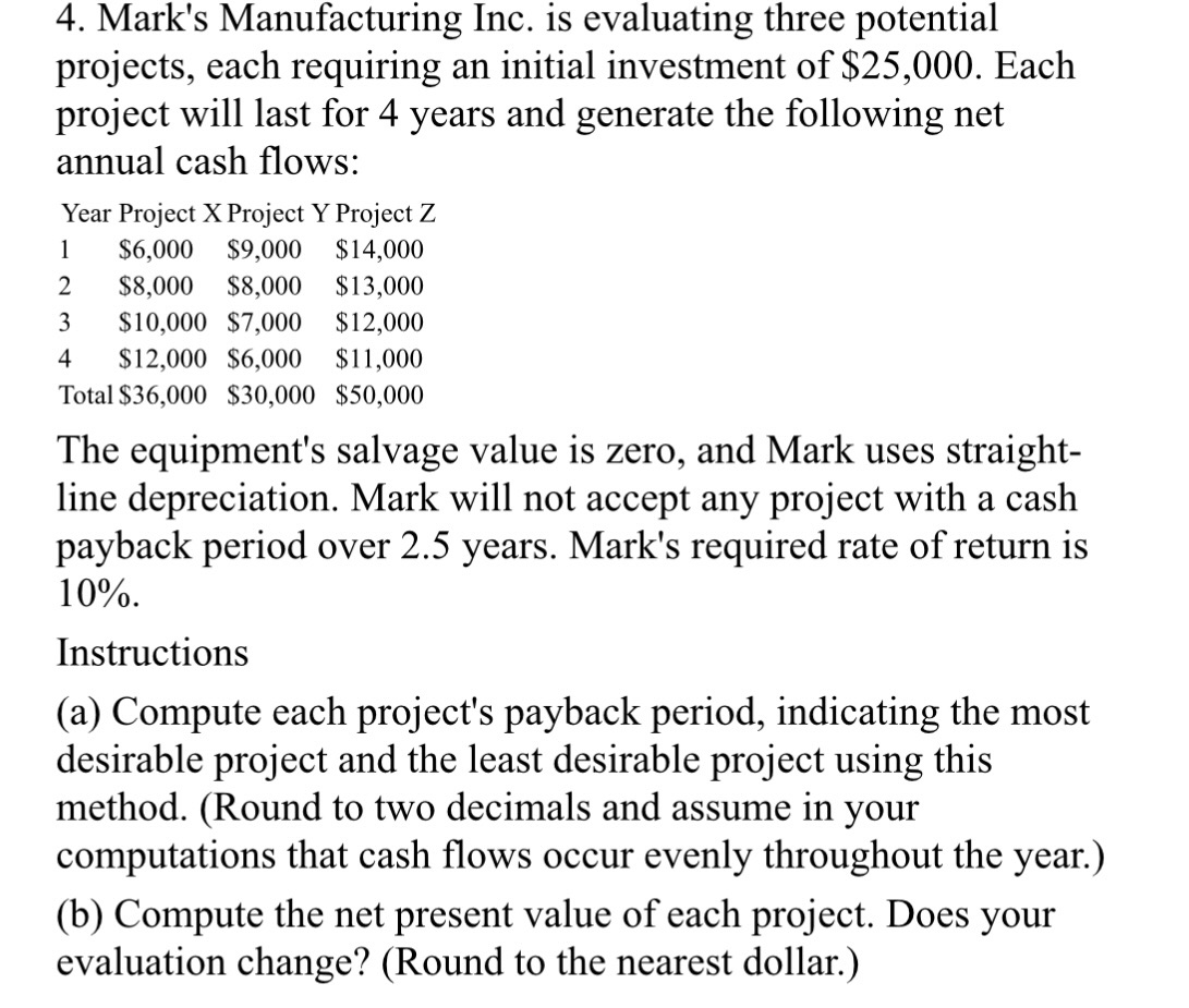  4. Mark's Manufacturing Inc. is evaluating three potential projects, each requiring