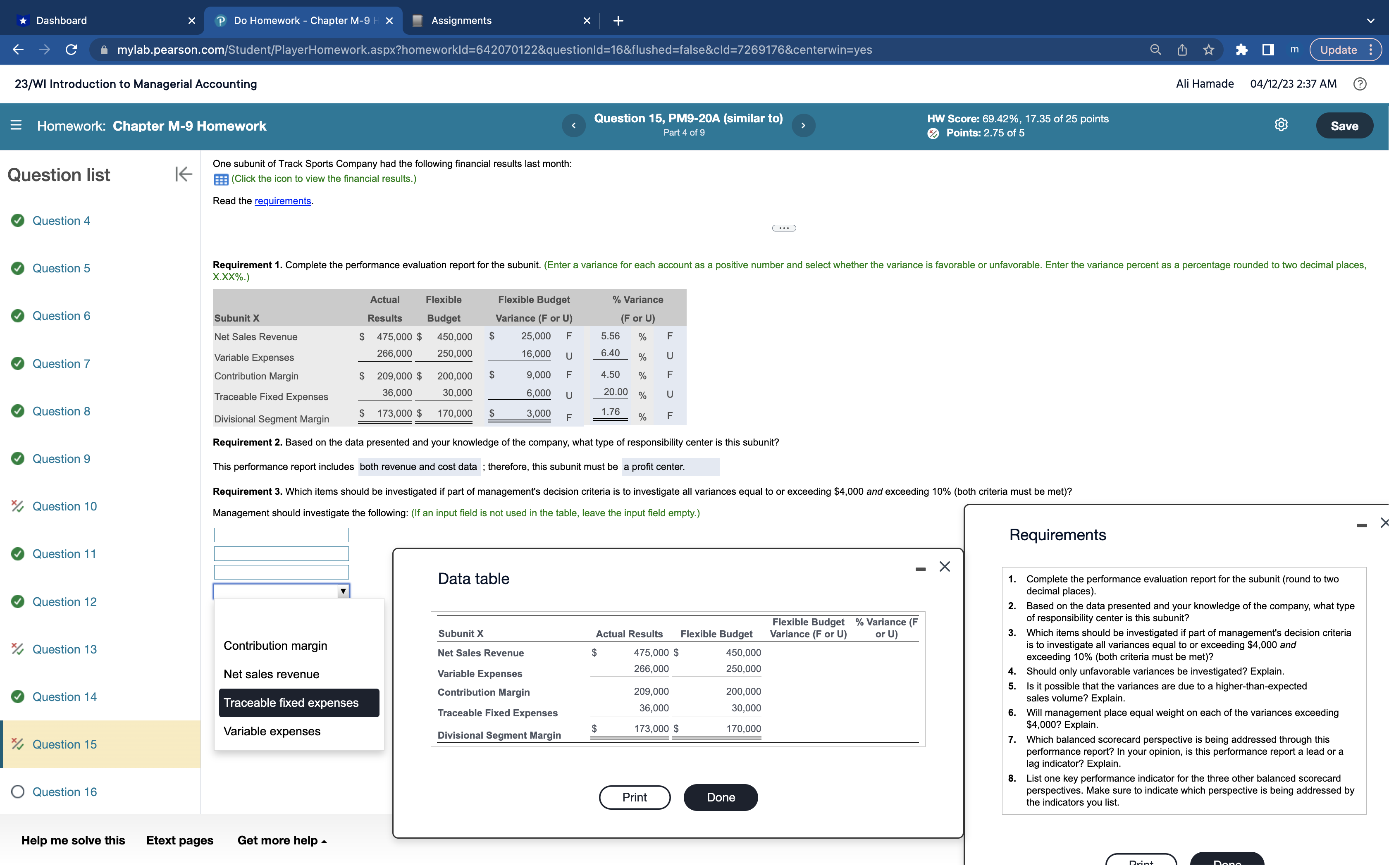 *Dashboard X P Do Homework - Chapter M-9 > Assignments C