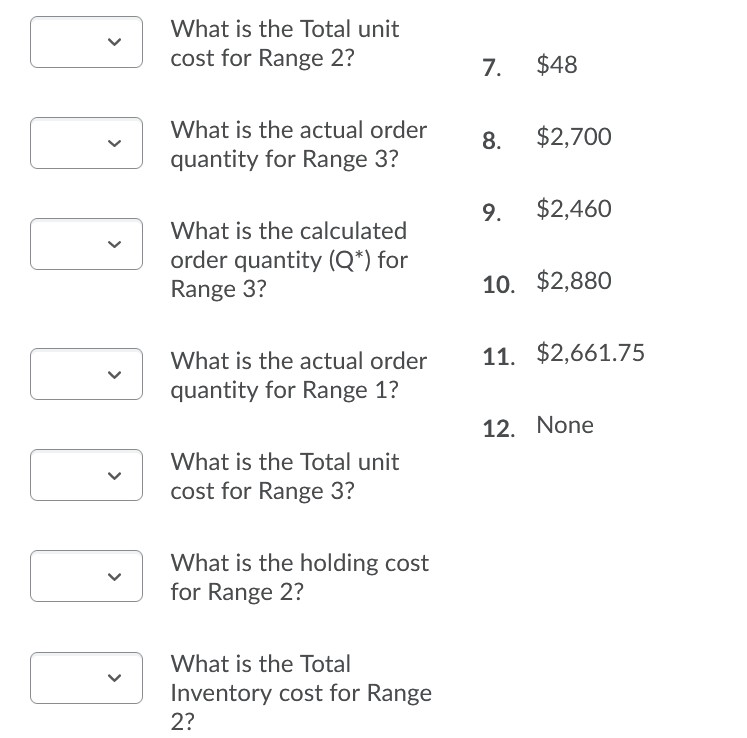600 units, 5 = $20Xorder and | = 30% of item price.