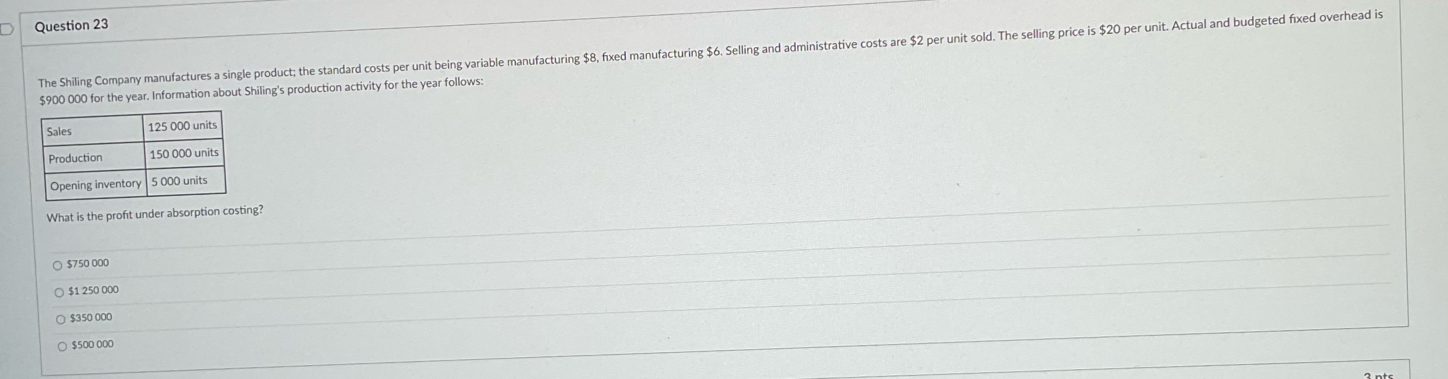 Please answer Question 23 The Shiling Company manufactures a single product; the