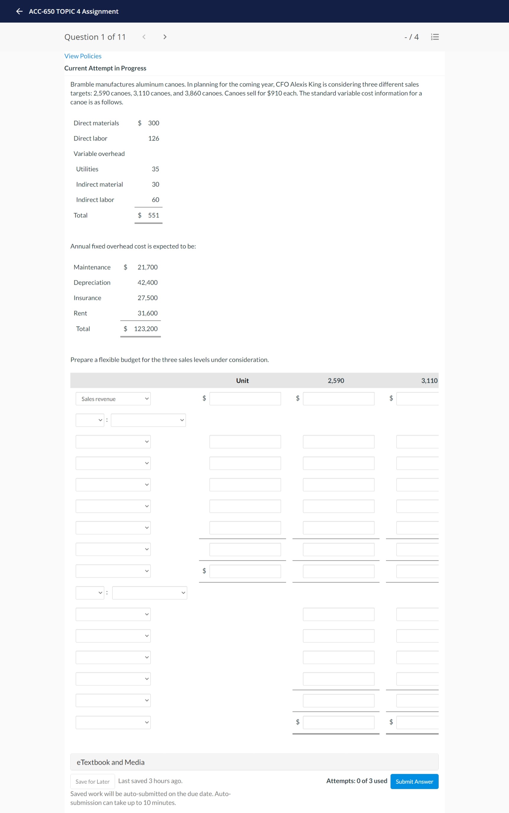 ACC-650 TOPIC 4 Assignment Question 1 of 11 View Policies Current Attempt