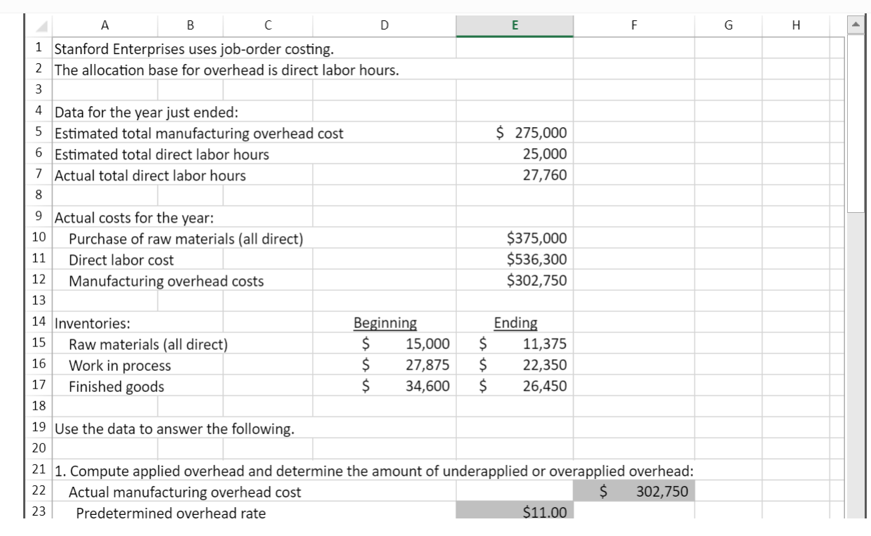 A B C D E F G H 1 Stanford Enterprises