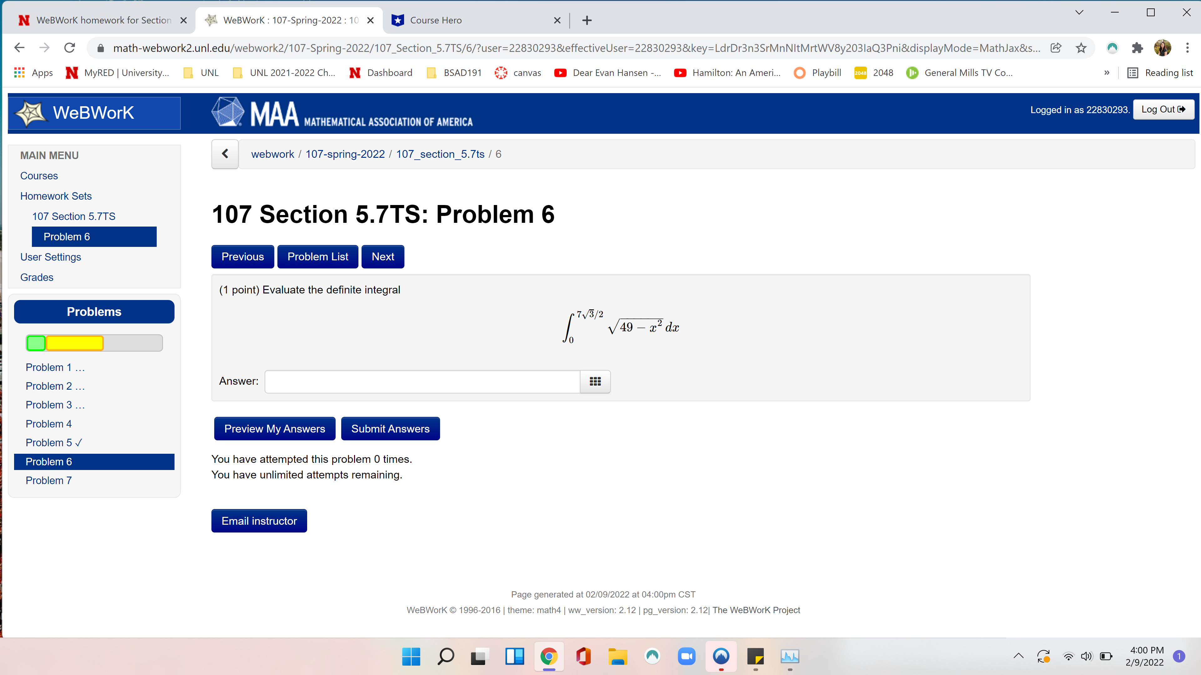  0 X N WeBWork homework for Section X WeBWork : 107-Spring-2022