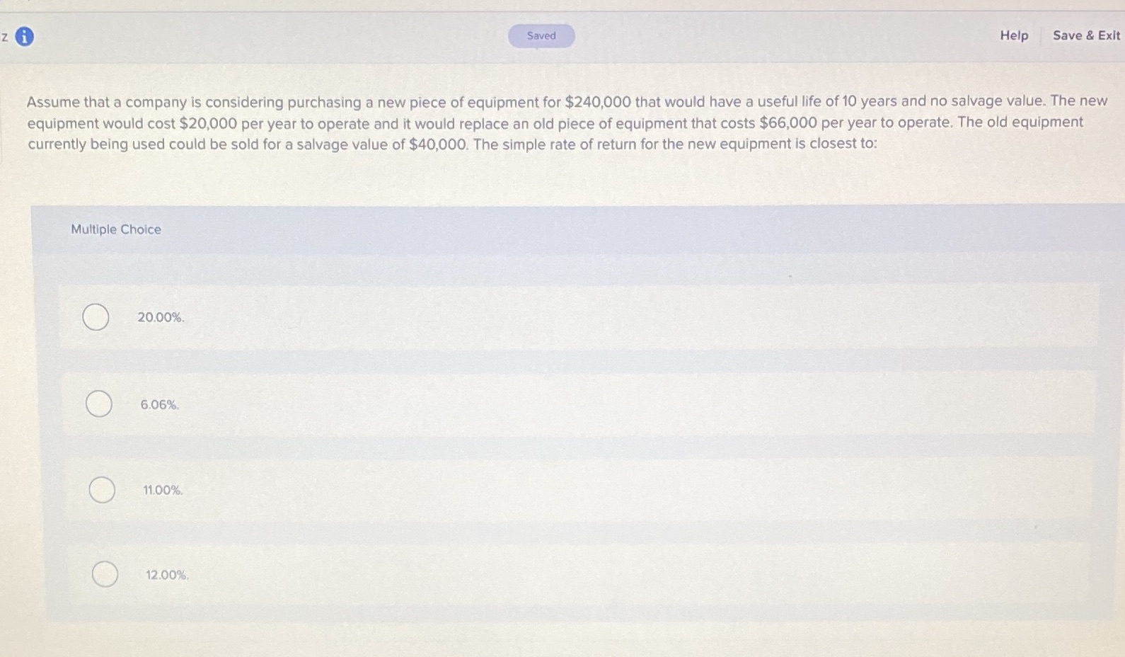 Saved Help Save & Exit Assume that a company is considering