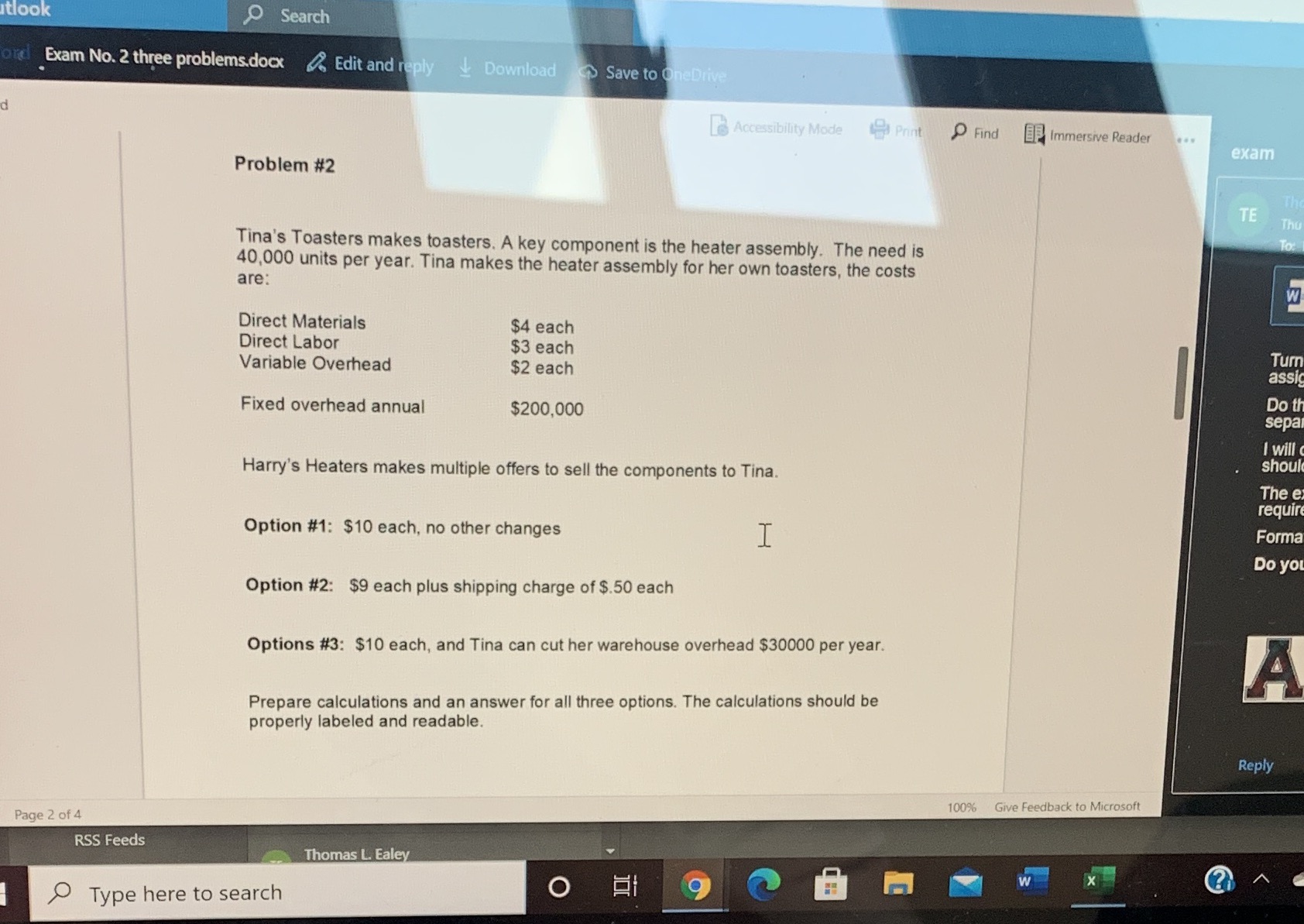 tlook Search orel Exam No. 2 three problems.docx Edit and reply