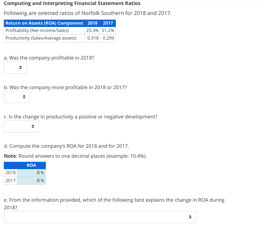 Computing and Interpreting Financial Statement Ratios Following are selected ratios of