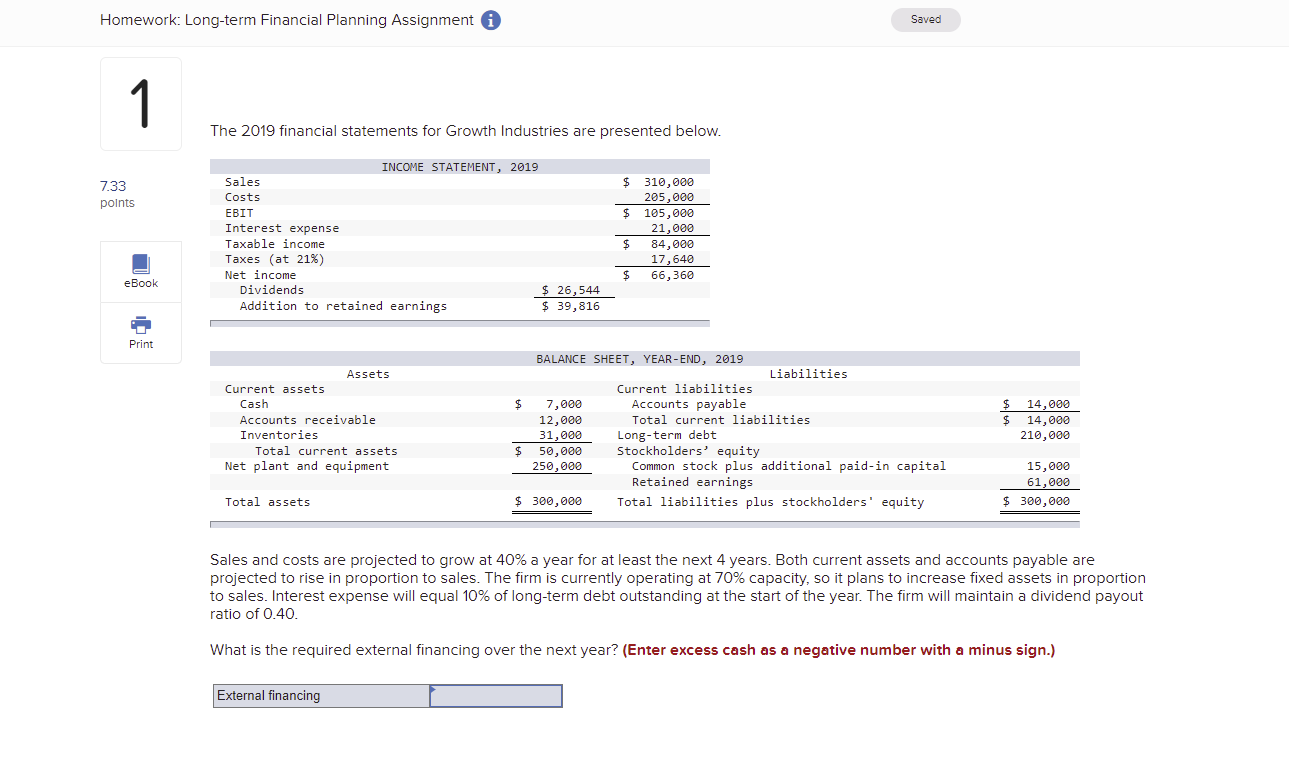 Need help with this problem Homework: Long-term Financial Planning Assignment 0 Saved