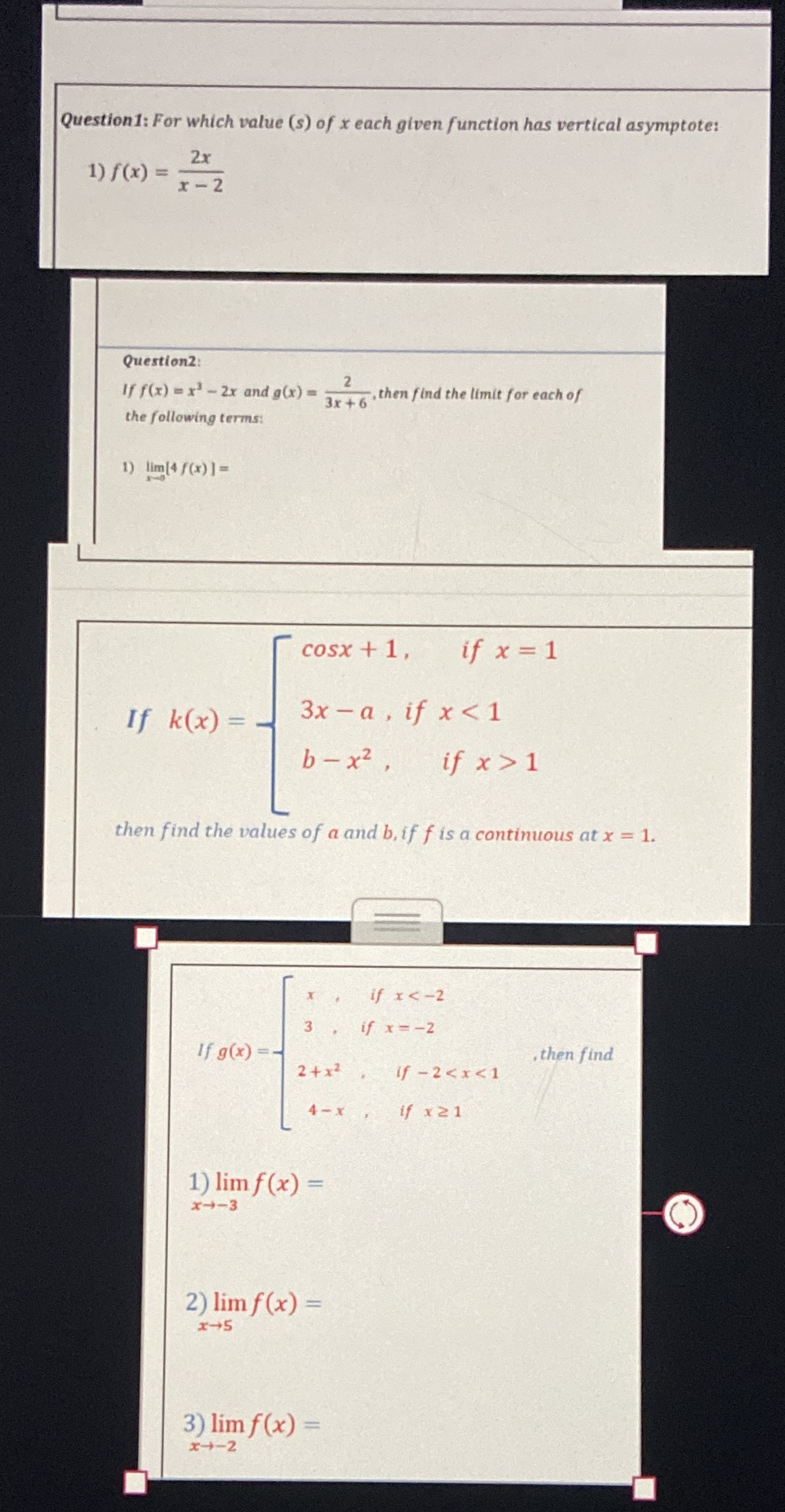 Help me solve these calc 1 questionsThey are one question but different
