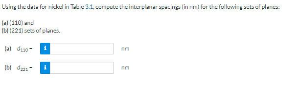  Using the data for nickel in Table 3.1, compute the interplanar