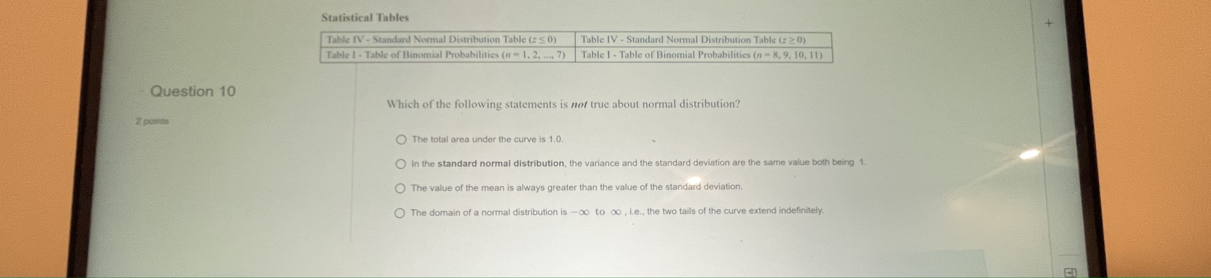  Statistical Tables Table IV - Standard Normal Distribution Table (= $