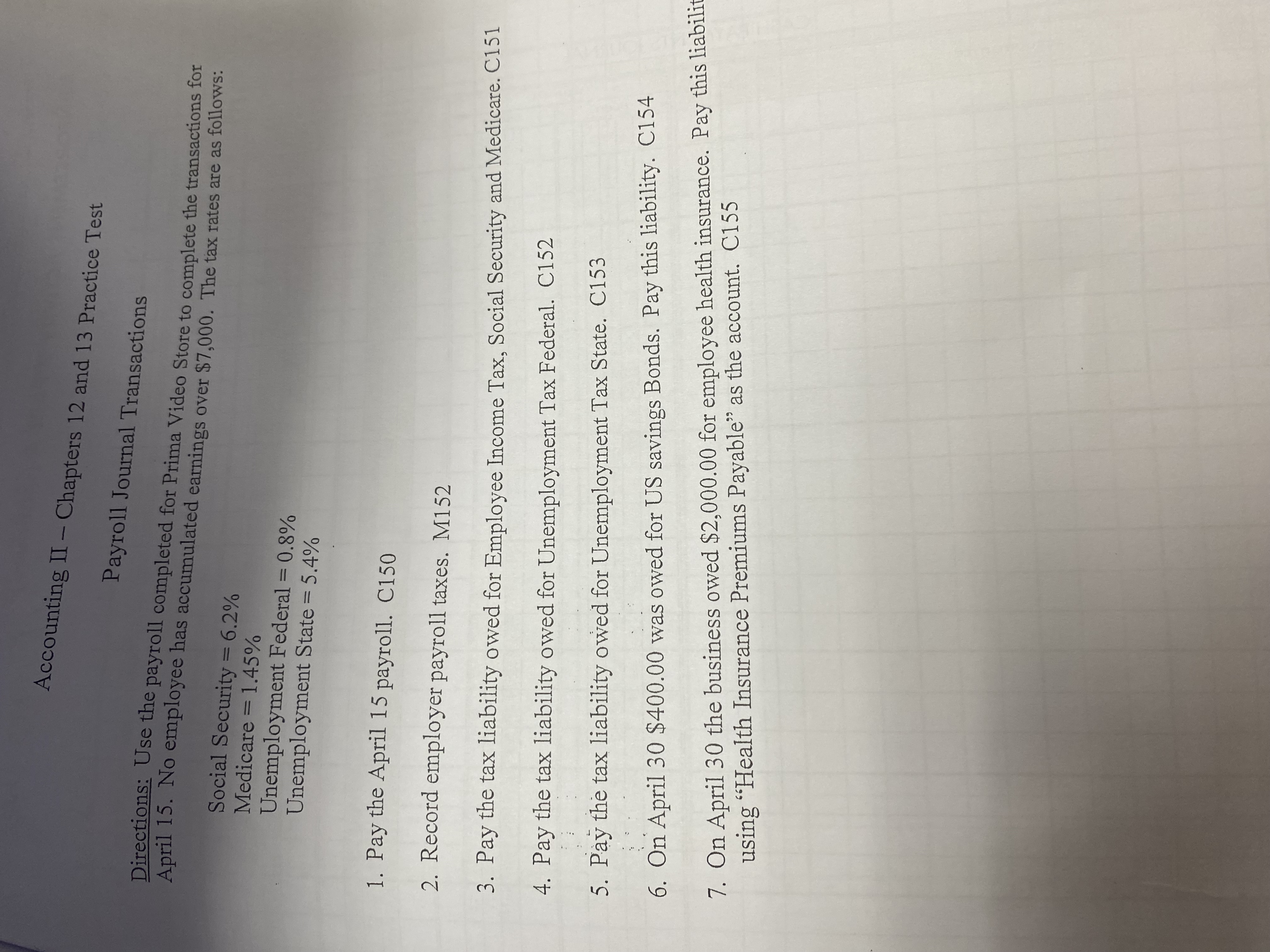 Accounting II - Chapters 12 and 13 Practice Test Payroll Journal