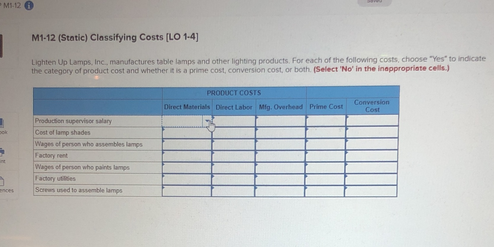  M1-12 i M1-12 (Static) Classifying Costs [LO 1-4] Lighten Up Lamps,