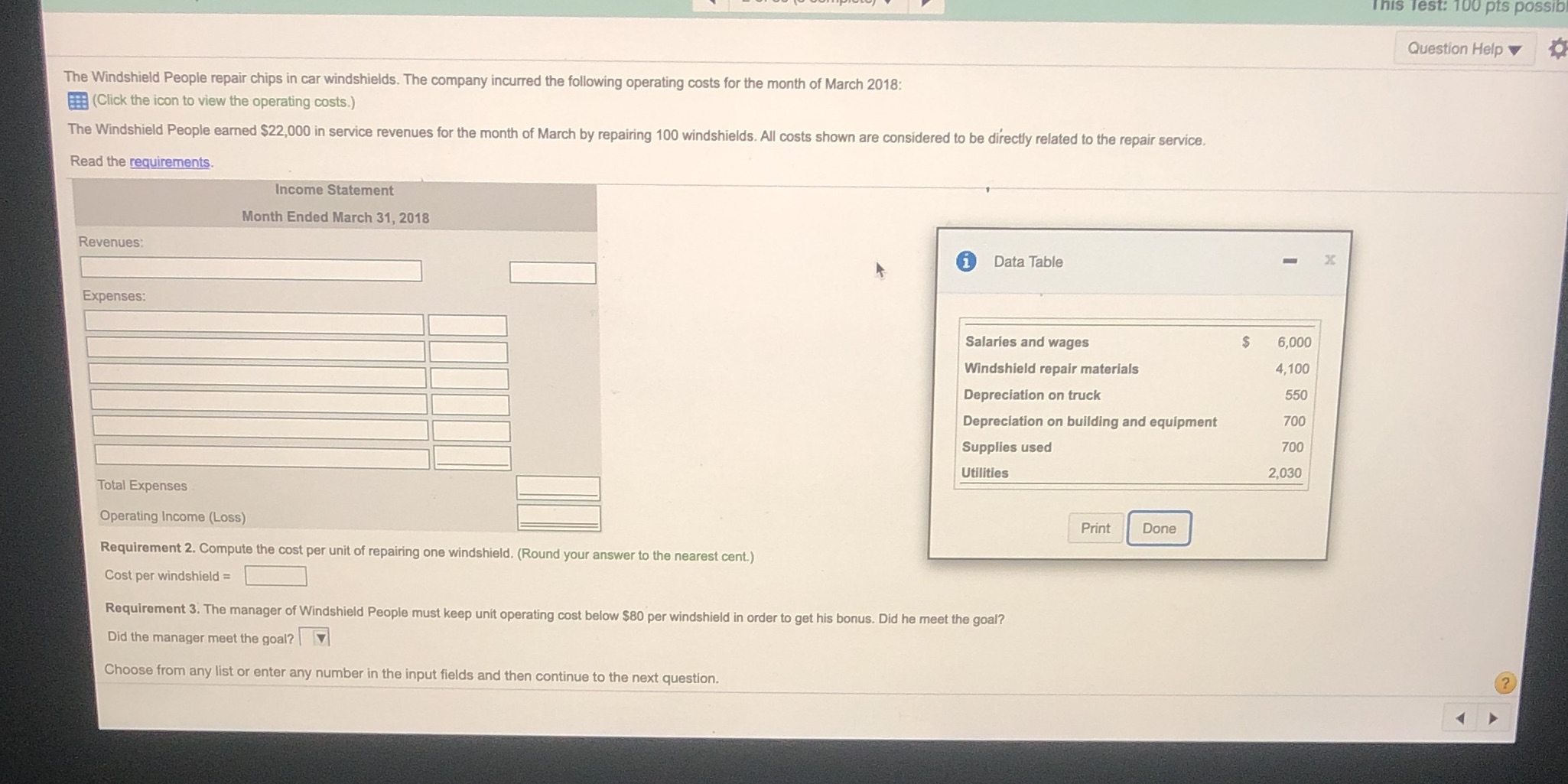  This Test: 100 pts possib Question Help The Windshield People repair