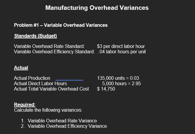 Manufacturing Overhead Variances Problem #1 - Variable Overhead Variances Standards (Budget)