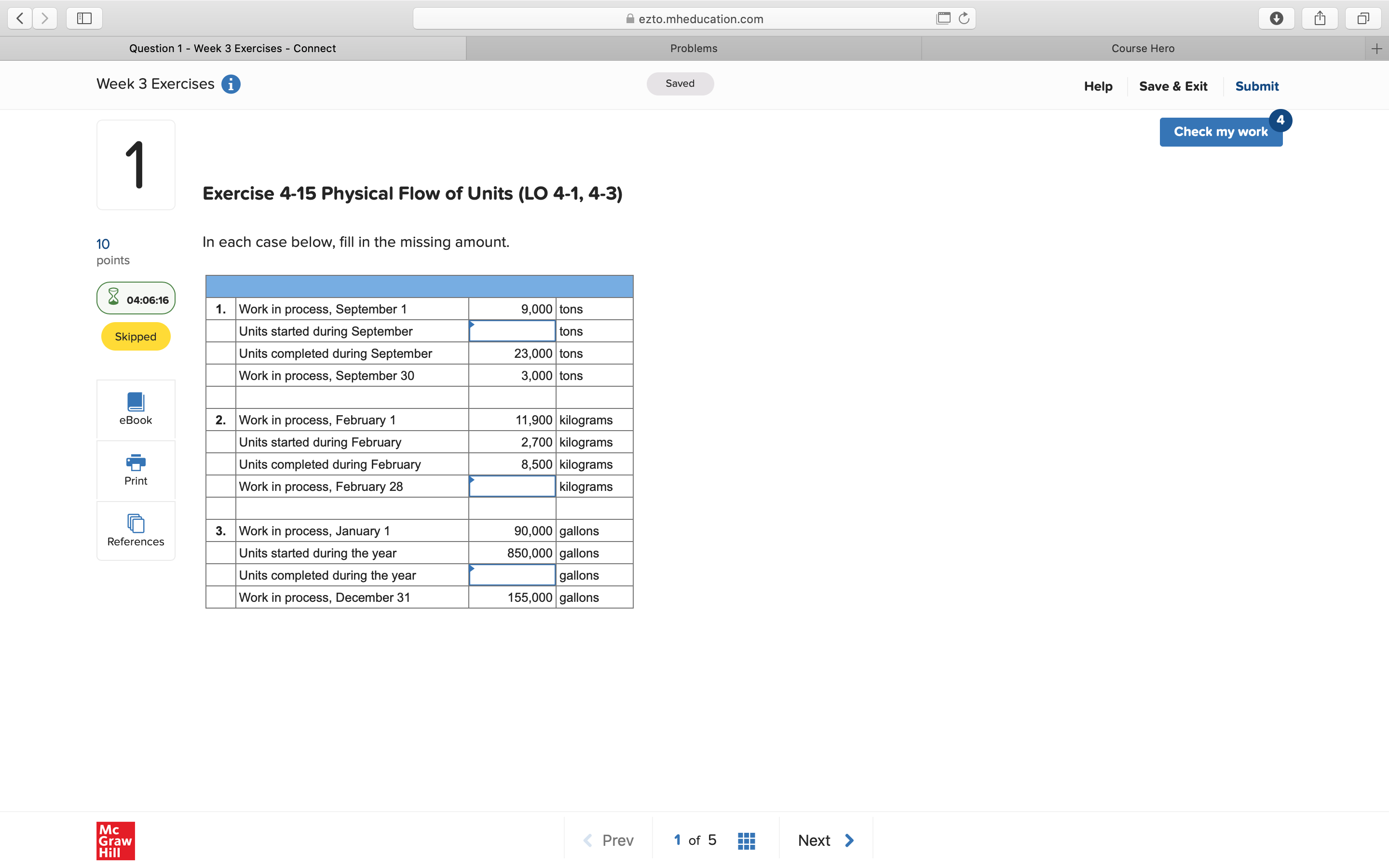  ezto.mheducation.com Question 1 - Week 3 Exercises - Connect Problems Course