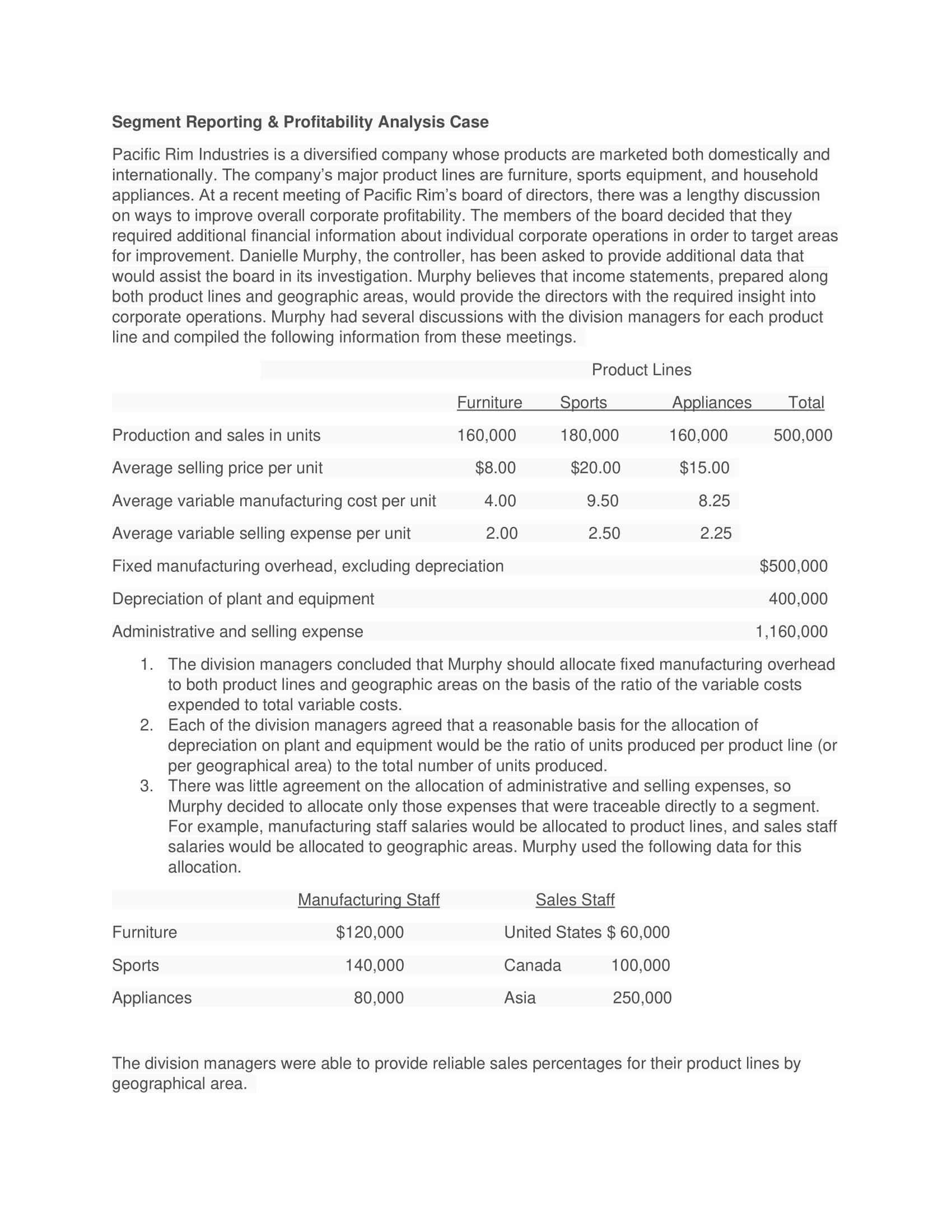  Segment Reporting & Profitability Analysis Case Pacific Rim Industries is a