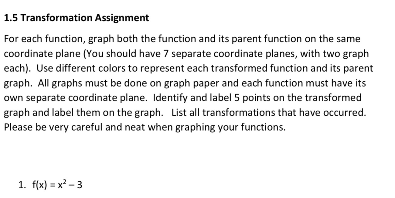  1.5 Transformation Assignment For each function, graph both the function and
