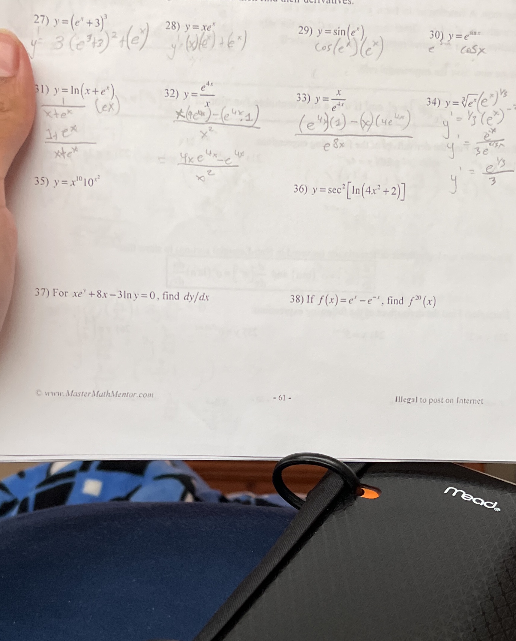 Solve for 35-38 and show working 27) y = (e' + 3)'