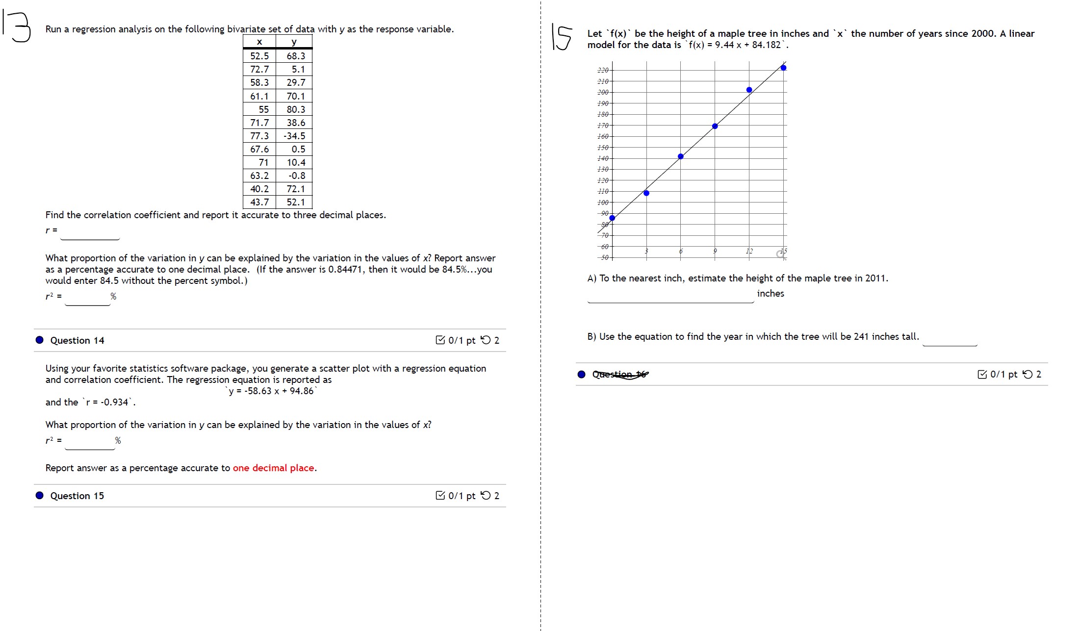 '3 Run a regression analysis on the following bivariate set of