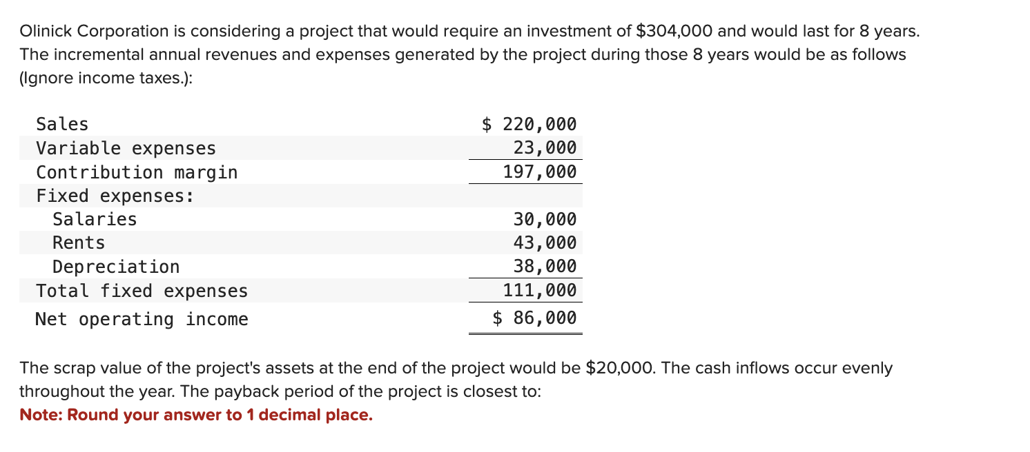  Olinick Corporation is considering a project that would require an investment