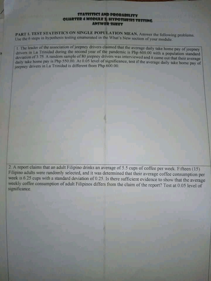 STATISTICS AND PROBABILITY QUARTER 4 MODULE I HYPOTHESIS TESTING ANSWER SHEET