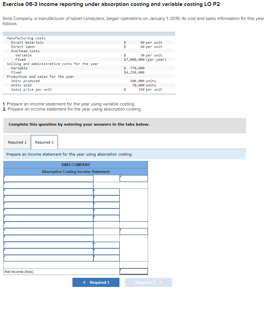 under absorption costing and variable costing LO P2 Sims Company, a manufacturer
