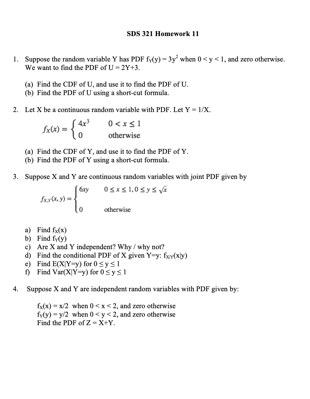 1. 2. 3. 4. SDS 321 Homework 11 Suppose the random variable