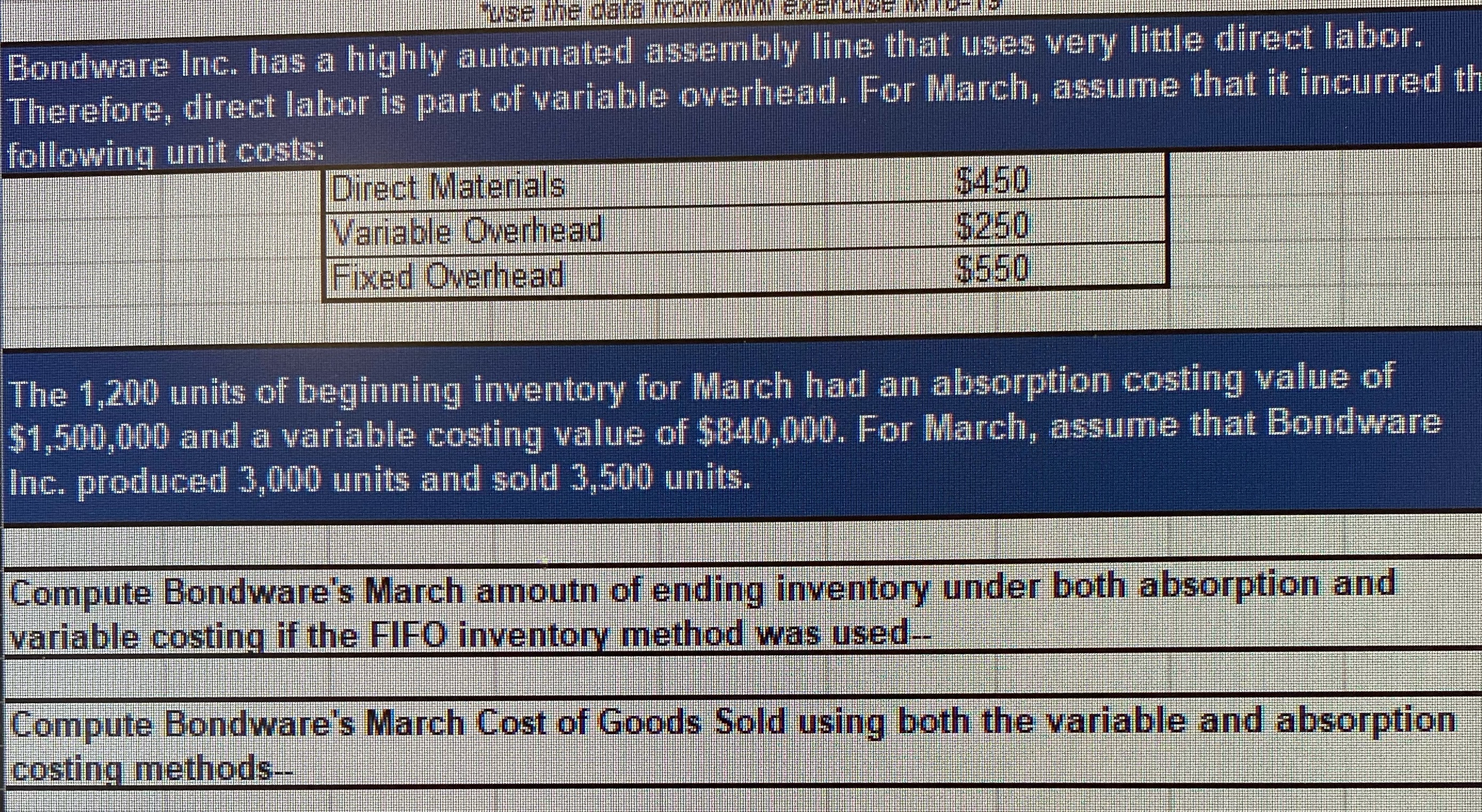 Absorption and Variable Costing Methods Bondware Inc. has a highly automated assembly