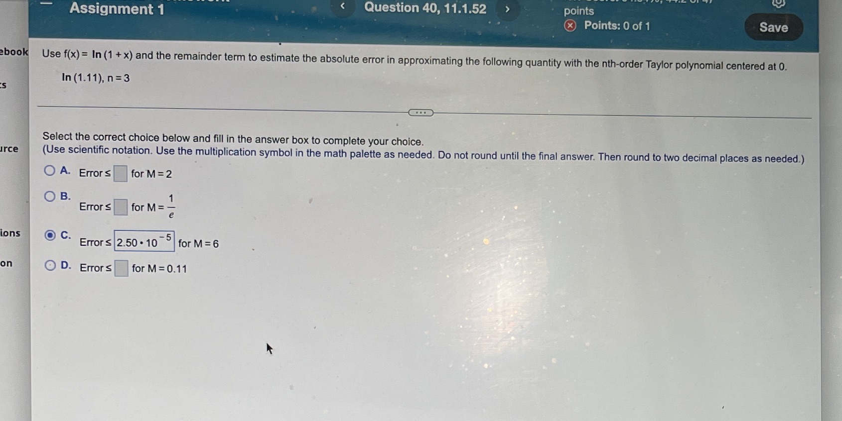 Assignment 1 Question 40, 11.1.52 > points X Points: 0 of