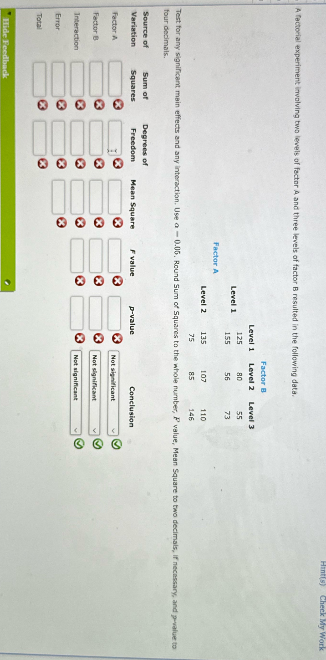  Hint(s) Check My Work A factorial experiment involving two levels of