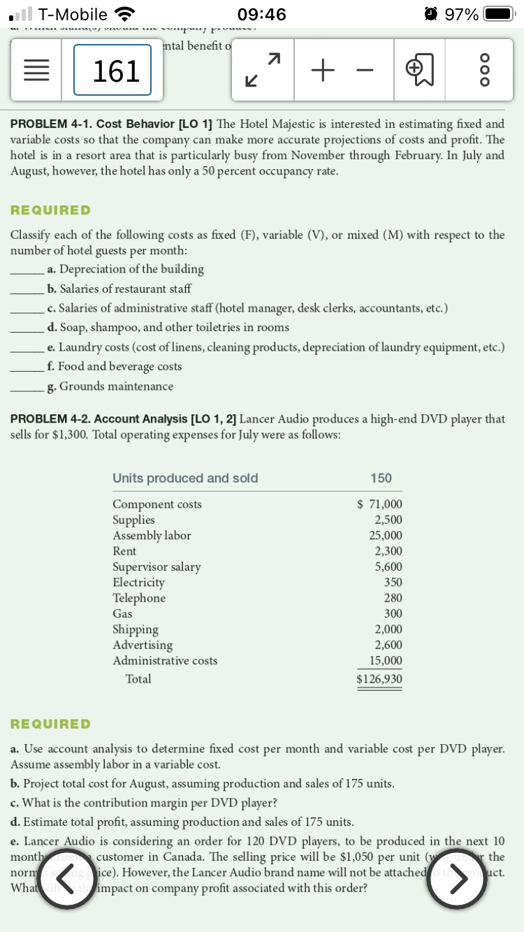 PROBLEM 4-2. Account Analysis [LO 1, 2] Lancer Audio produces a high-end