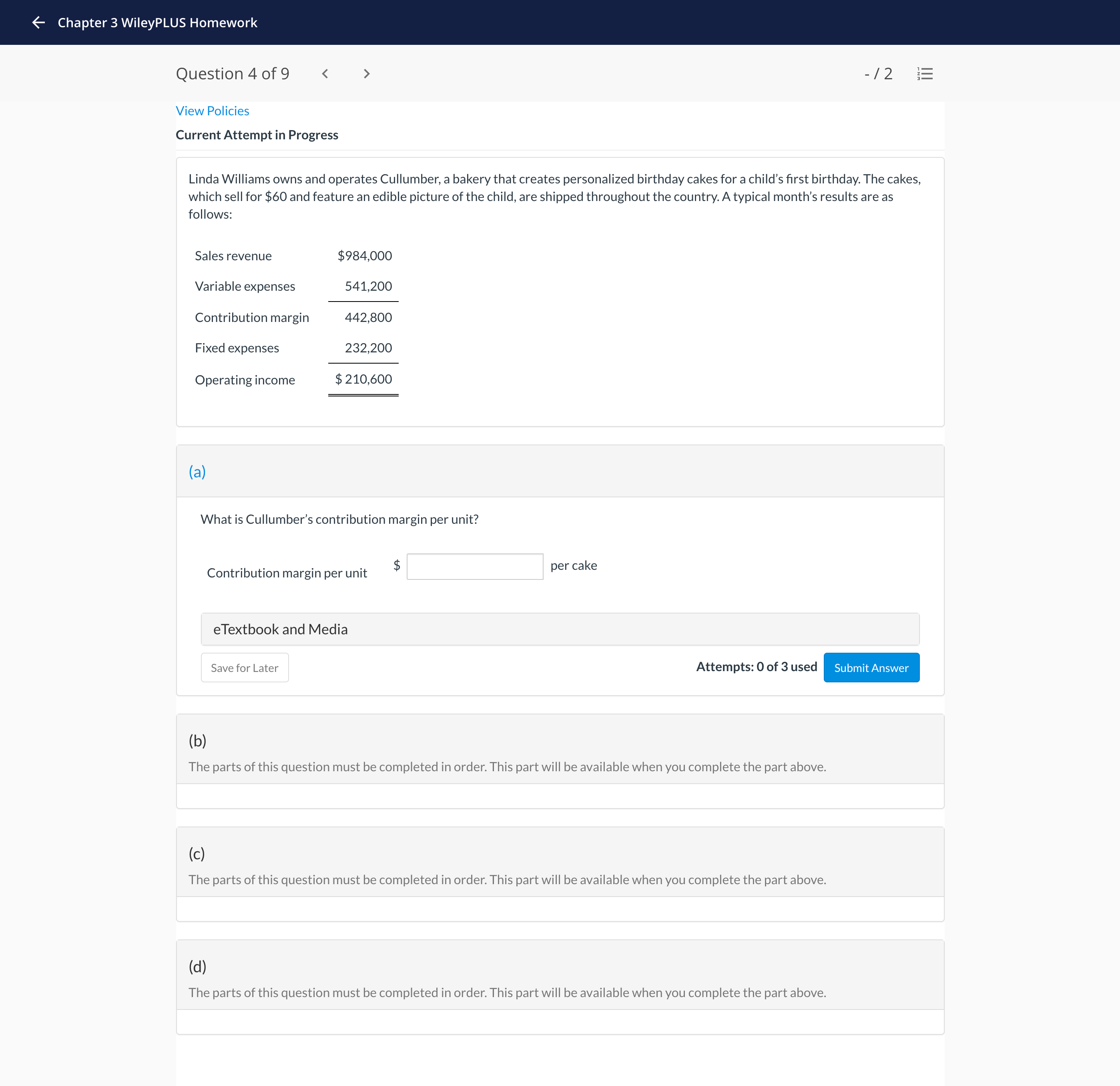 6 Chapter 3 WileyPLUS Homework Question 4 of 9 - /