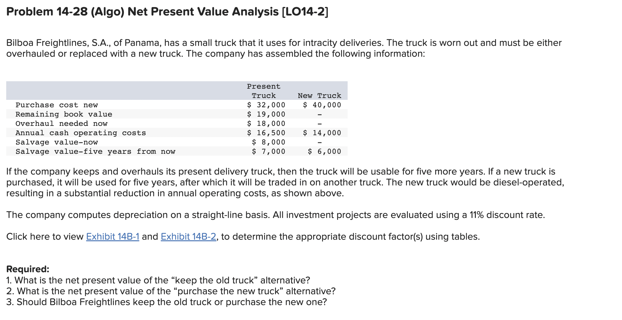 Problem 14-28 (Algo) Net Present Value Analysis [LO14-2] Bilboa Freightlines, 5A.,