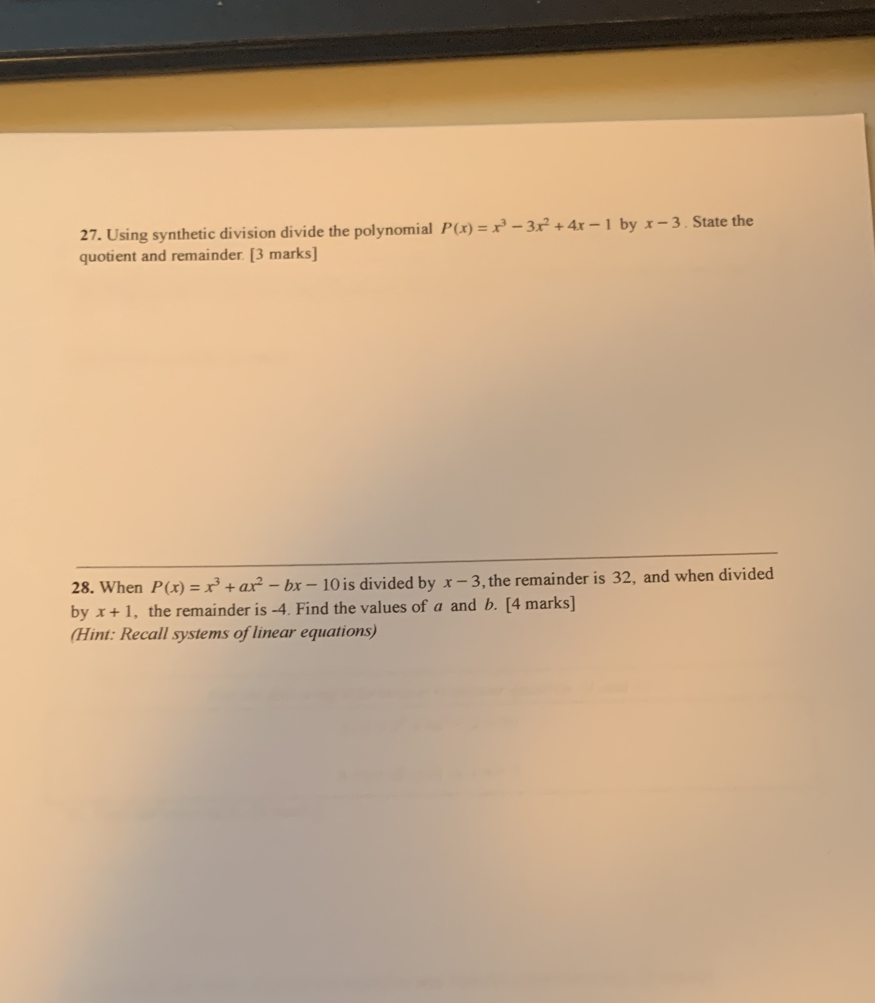 27. Using synthetic division divide the polynomial P(x) = x3 -