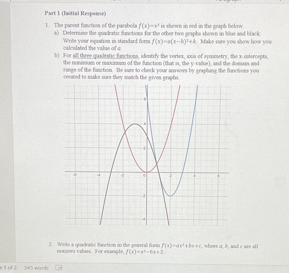 Part 1 (Initial Response) 1. The parent function of the parabola
