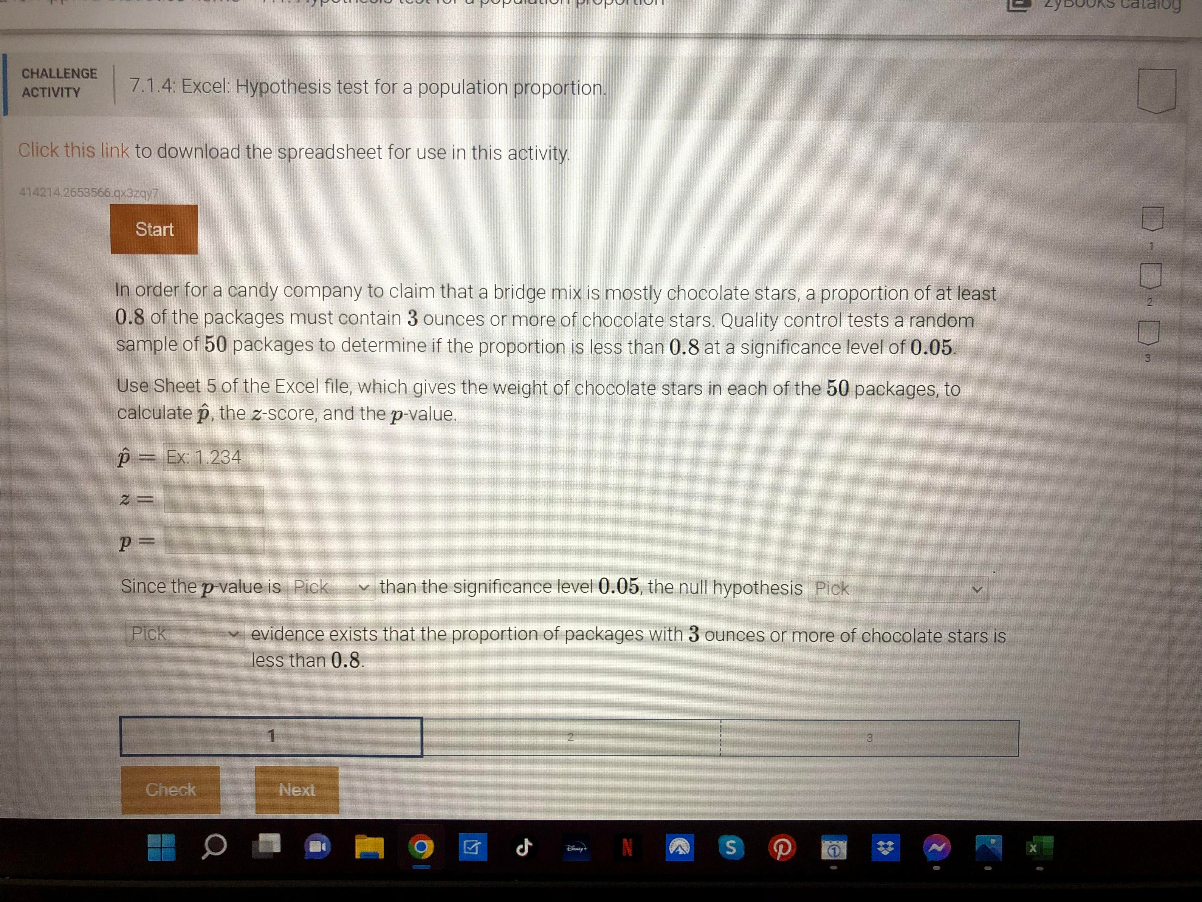  CHALLENGE ACTIVITY 7.1.4: Excel: Hypothesis test for a population proportion. Click