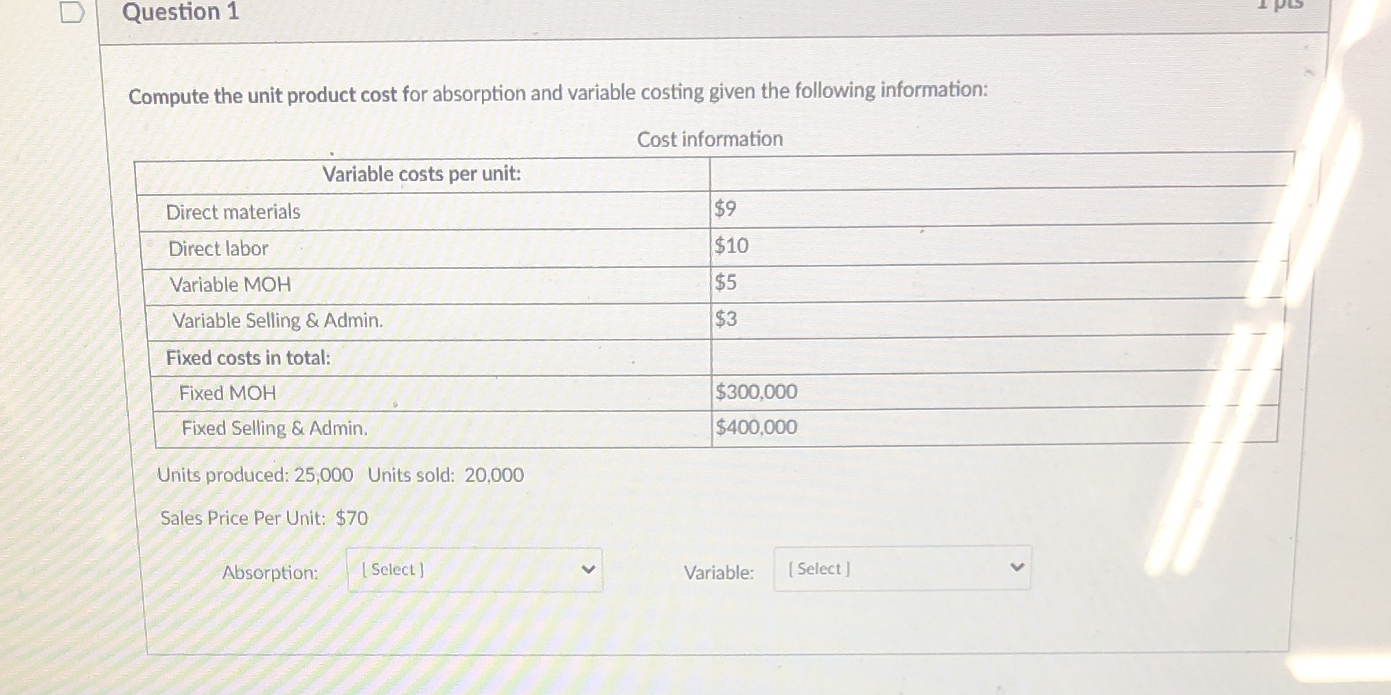 I need help !! D Question 1 Compute the unit product cost