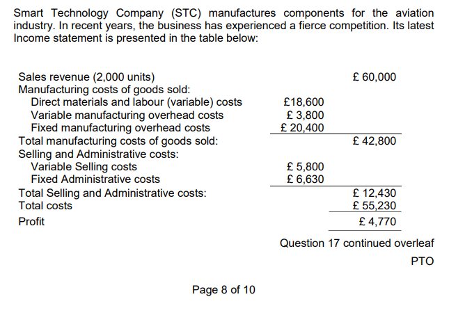 Please answer this question Smart Technology Company (STC) manufactures components for the