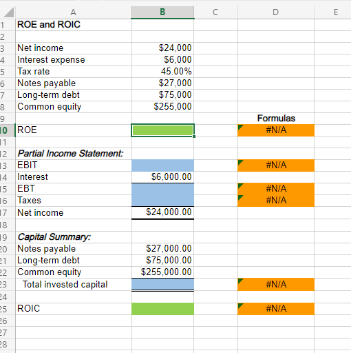 A B C D E ROE and ROIC Net income $24,000