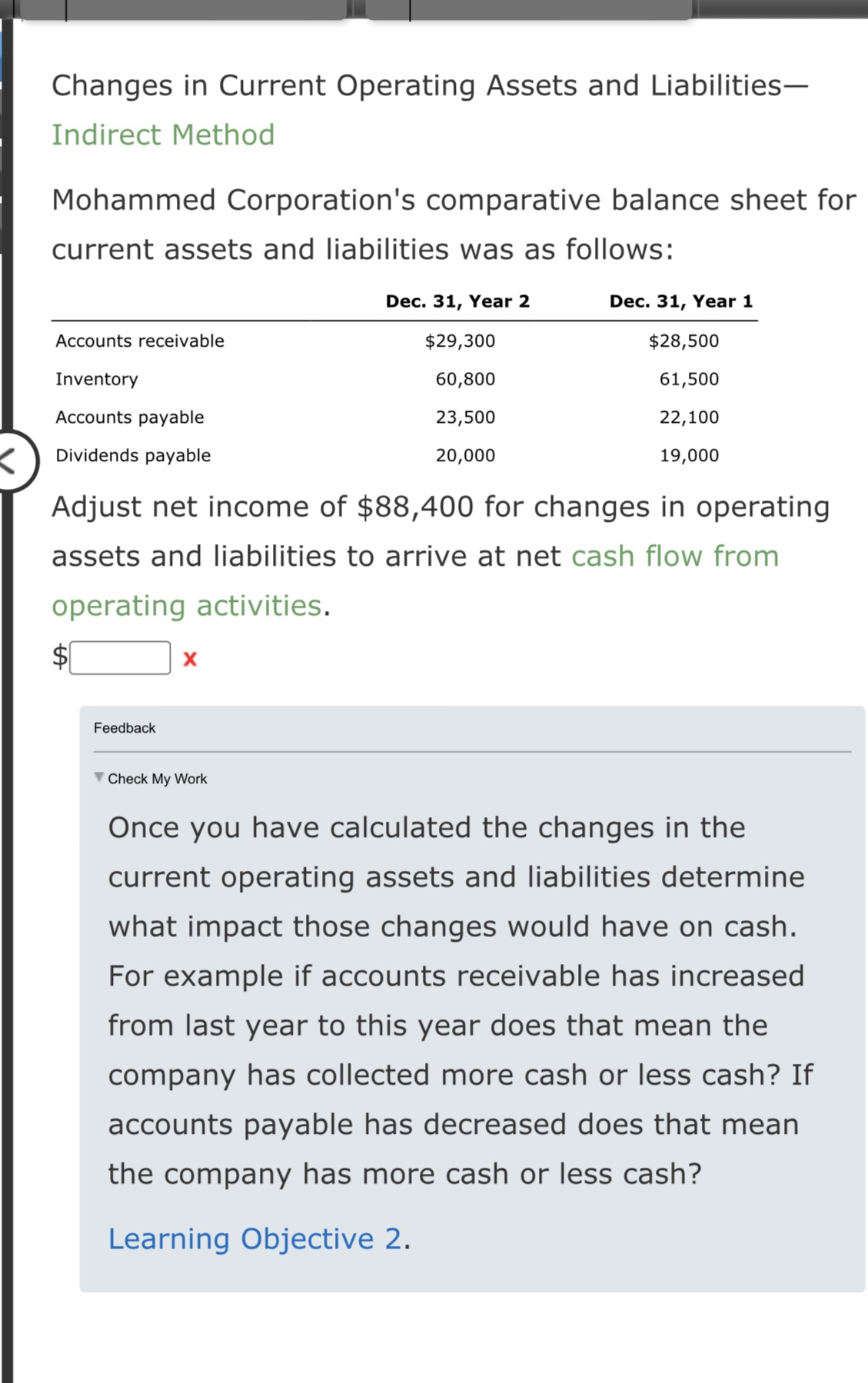  Changes in Current Operating Assets and Liabilities Indirect Method Mohammed Corporation's