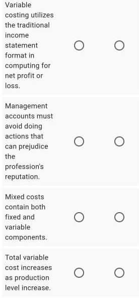  Variable costing utilizes the traditional income statement O O format in