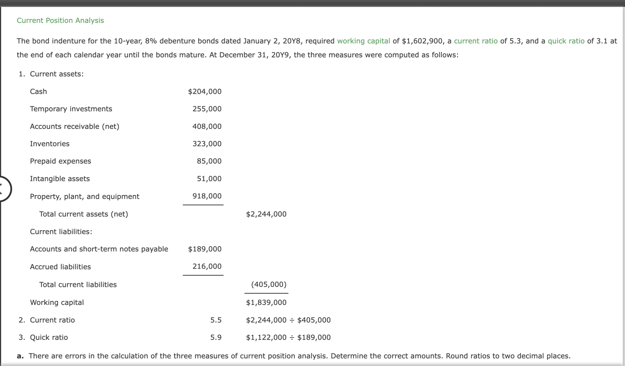 Current Position Analysis The bond indenture for the 10-year, 8% debenture
