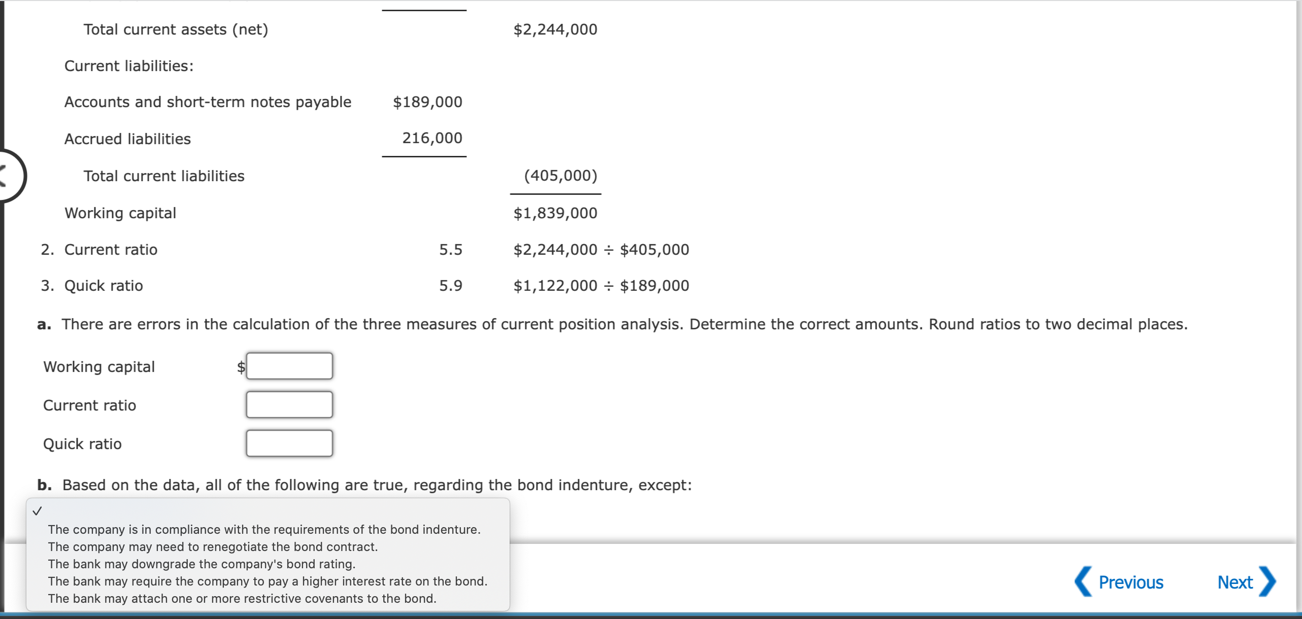 bonds dated January 2, 20Y8, required working capital of $1,602,900, a current