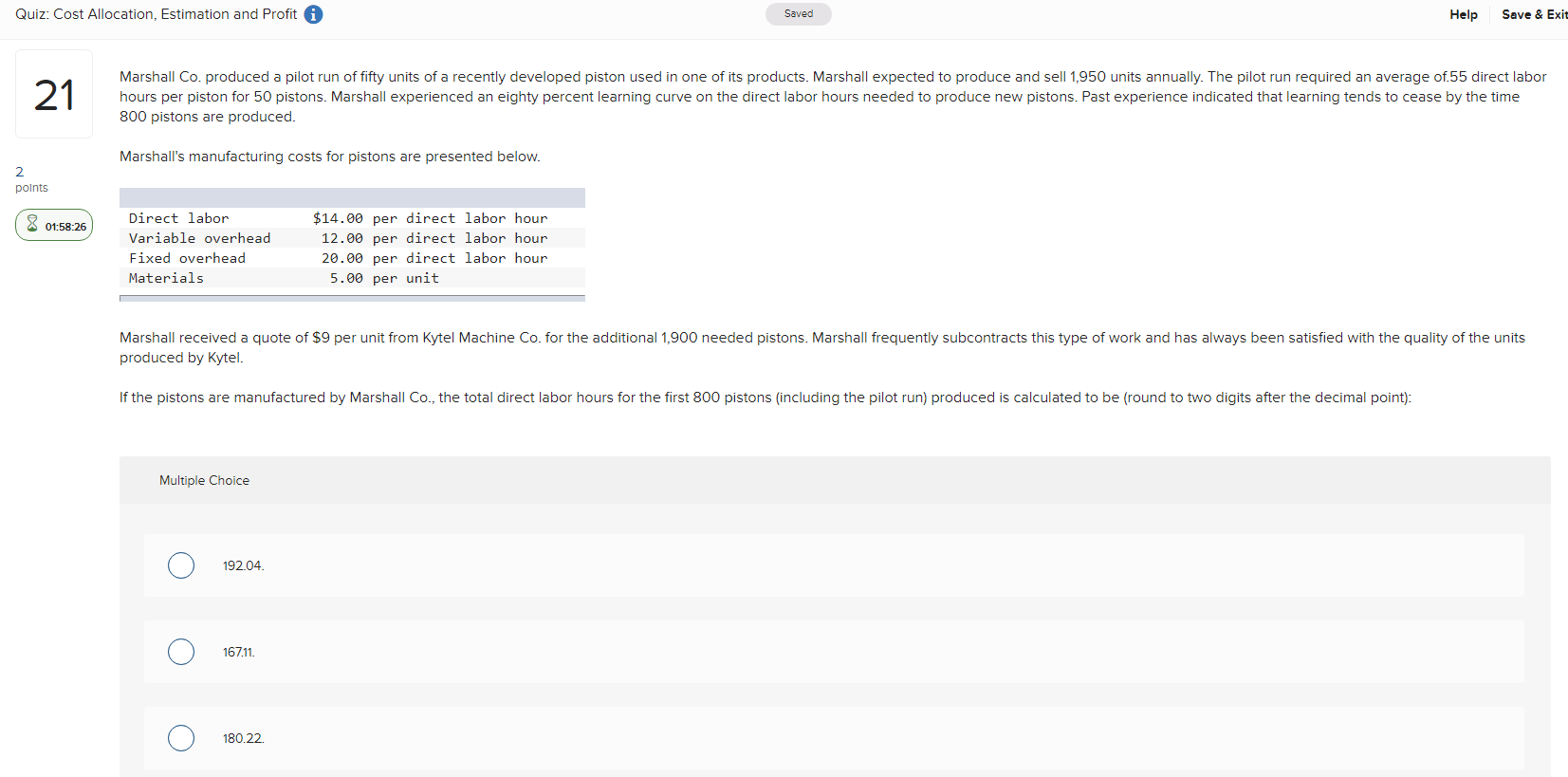please see image Quiz: Cost Allocation. Estimation and Prot 0 Saved Help
