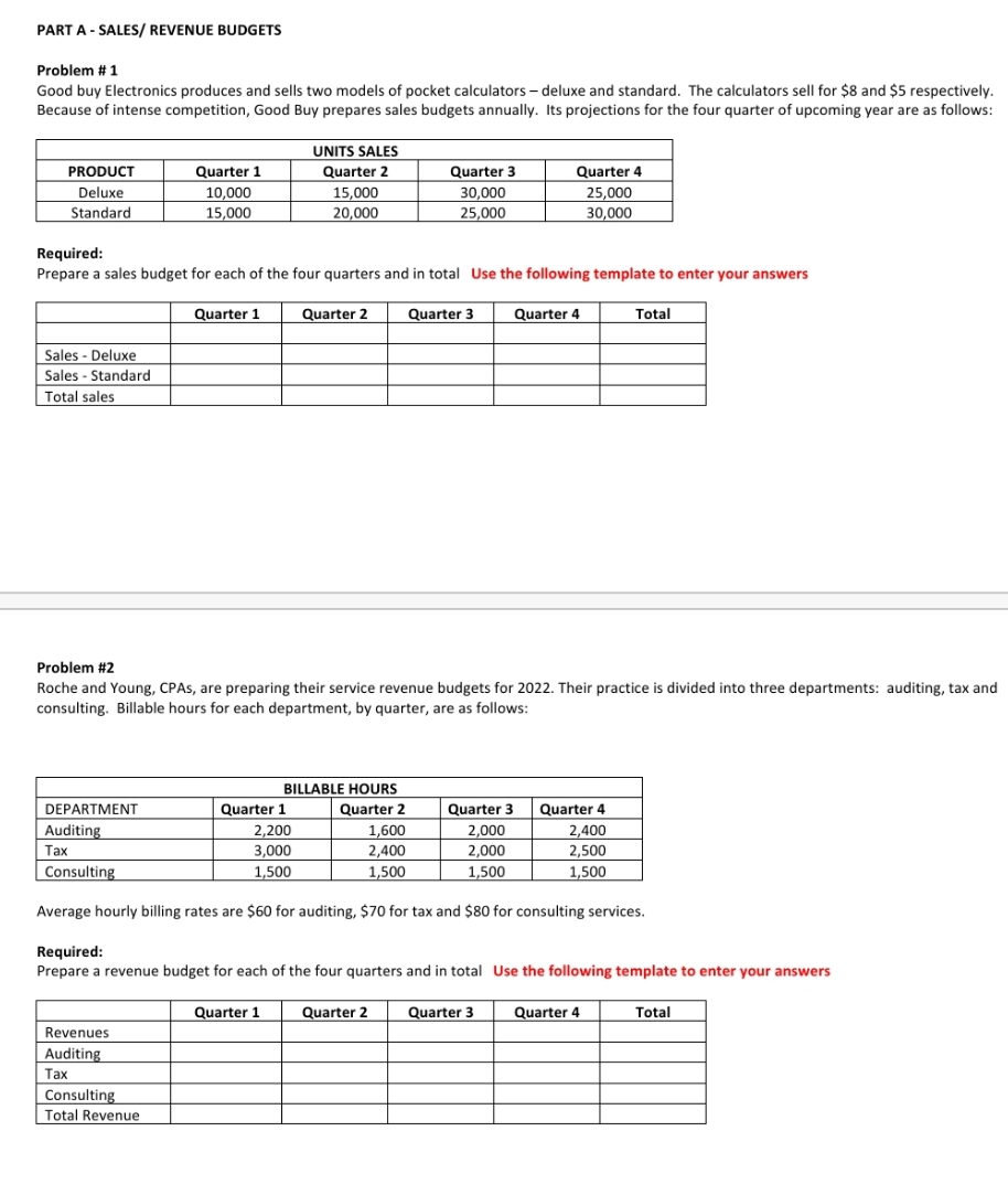 please help me solve these two problems PART A - SALES/ REVENUE