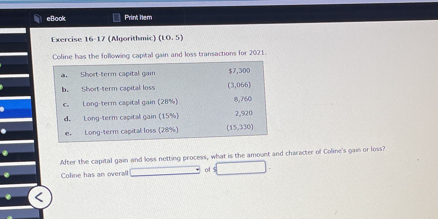Please answer eBook E Print Item Exercise 16-17 (Algorithmic) (LO. 5) Coline