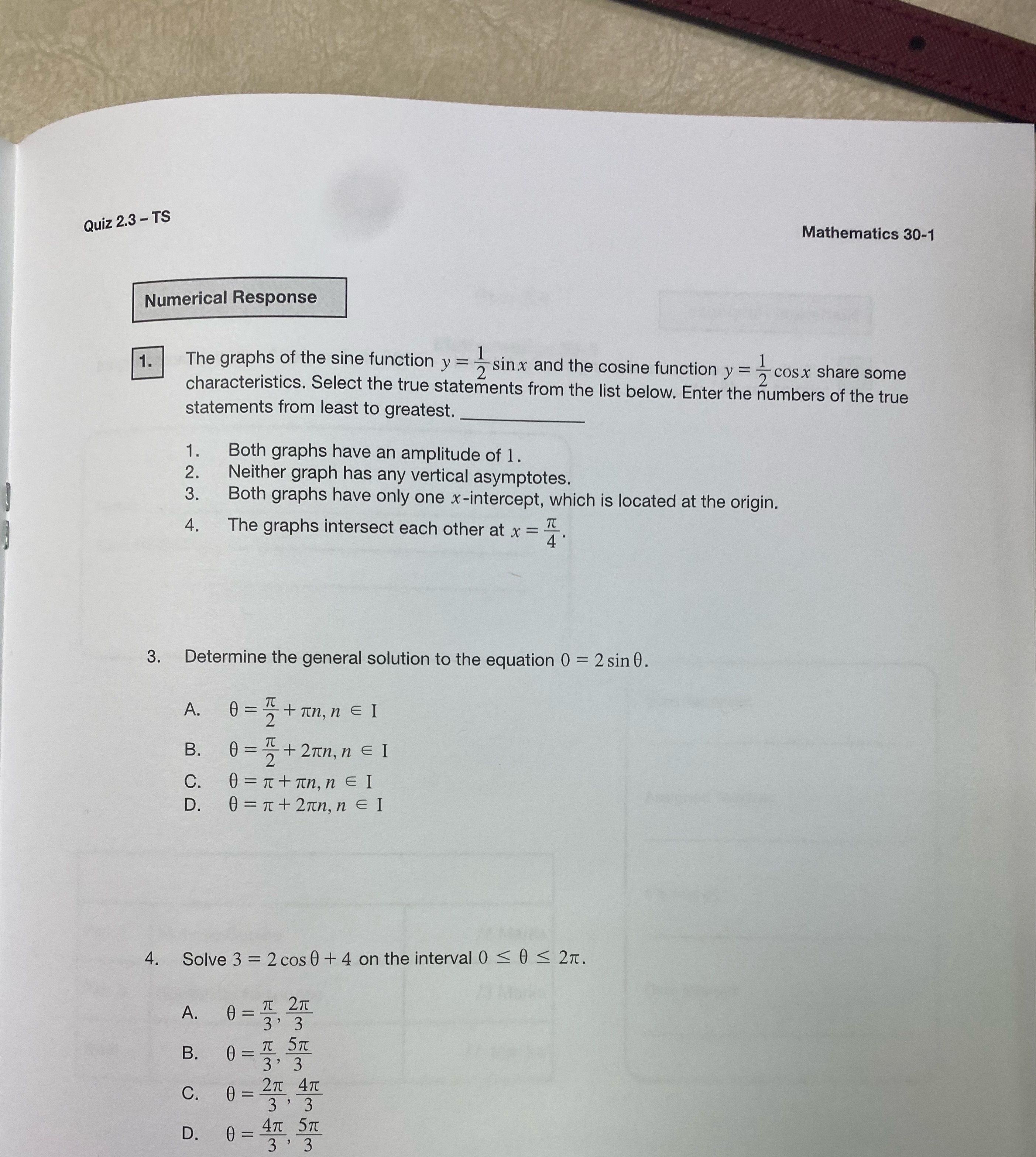 Please help answer Quiz 2.3 - TS Mathematics 30-1 Numerical Response 1.