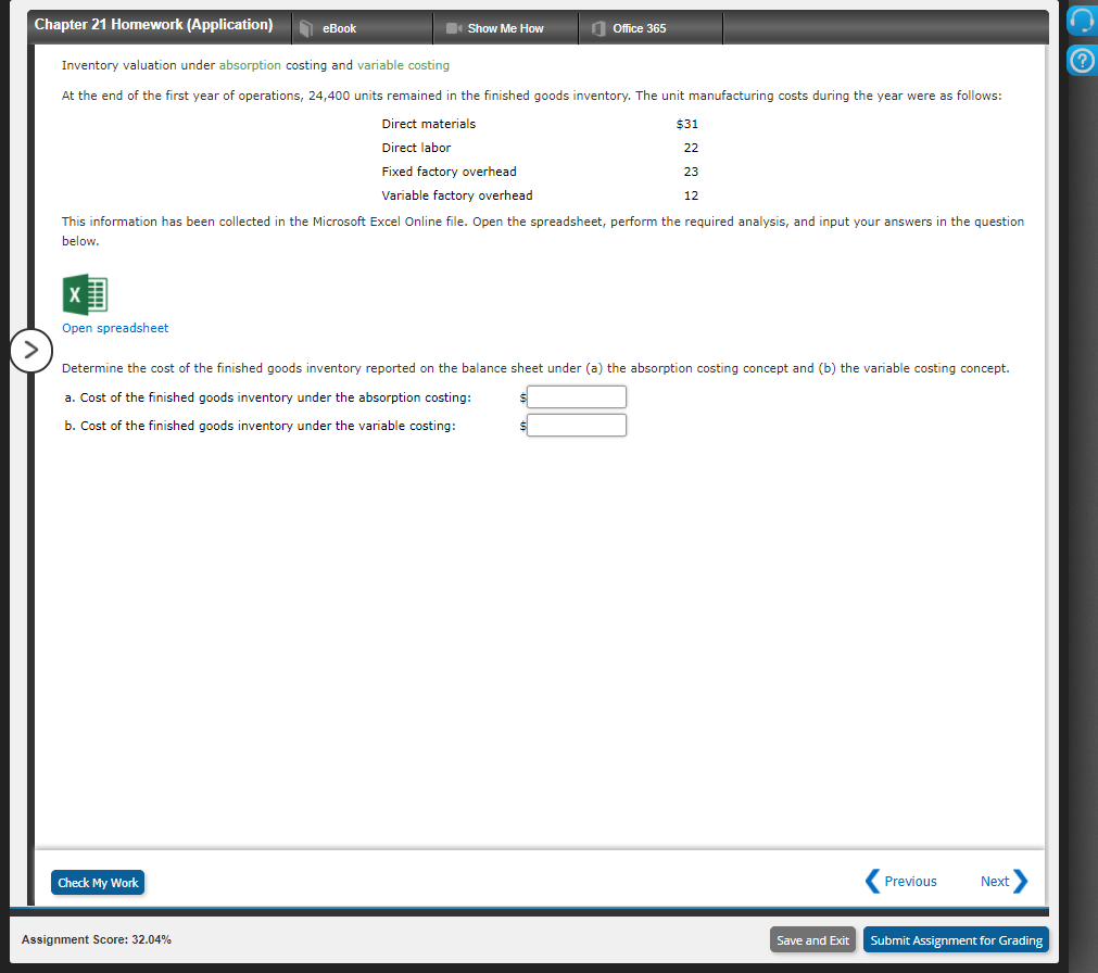 show steps Chapter 21 Homework (Application) eBook Show Me How Office 365