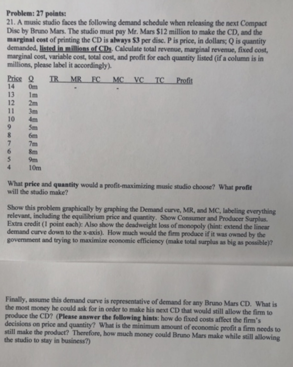 Problem: 27 points: 21. A music studio faces the following demand